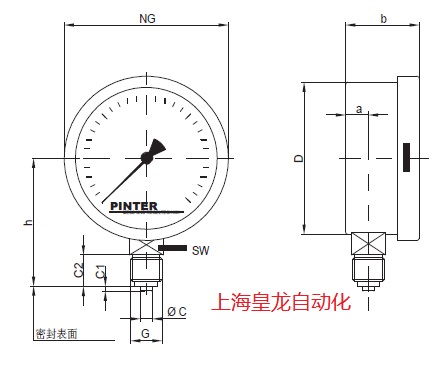 德國Pinter測控公司P1系列壓力表底部安裝尺寸圖