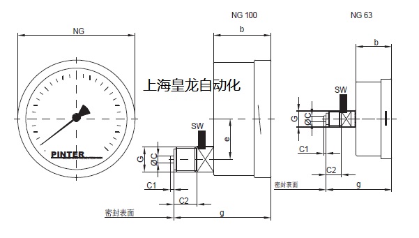 德國Pinter測控公司P1系列壓力表底部安裝尺寸圖