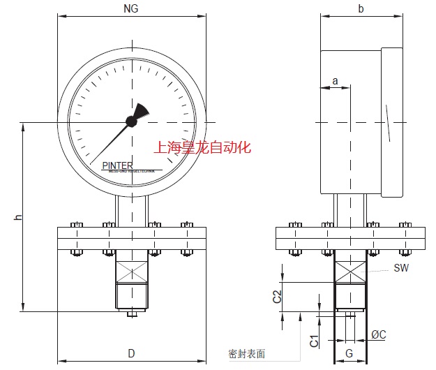 德國Pinter測控技術公司 P3系列膜片式壓力表安裝尺寸圖